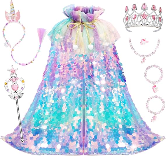 Meland Princess Dress Up for Girls 3-8, Mermaid Cape with Crown, Dress Up Clothes Birthday Gift Toys for Girls Toddlers Quick Pick Grocers